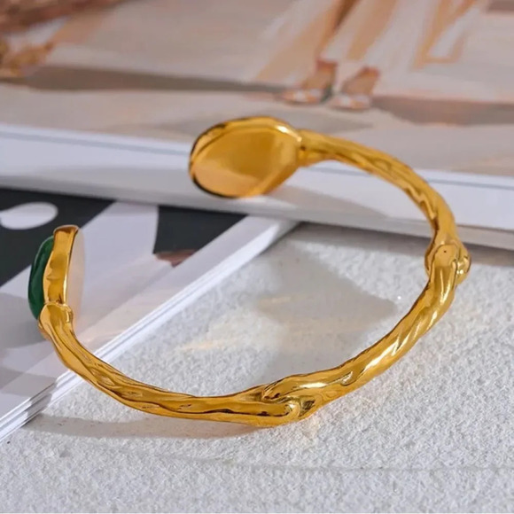 Selena Green Cat Eye Agate 18K Gold Stainless Steel Waterproof Cuff Bracelet - Picture 7 of 17